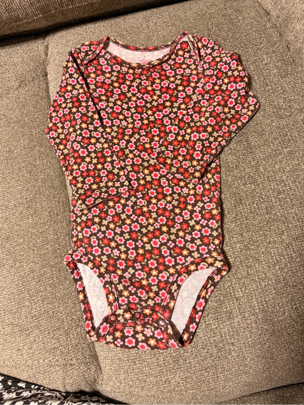 Carter's Brown Long-Sleeve Floral One-Piece Bodysuit with Pink & Red Flowers